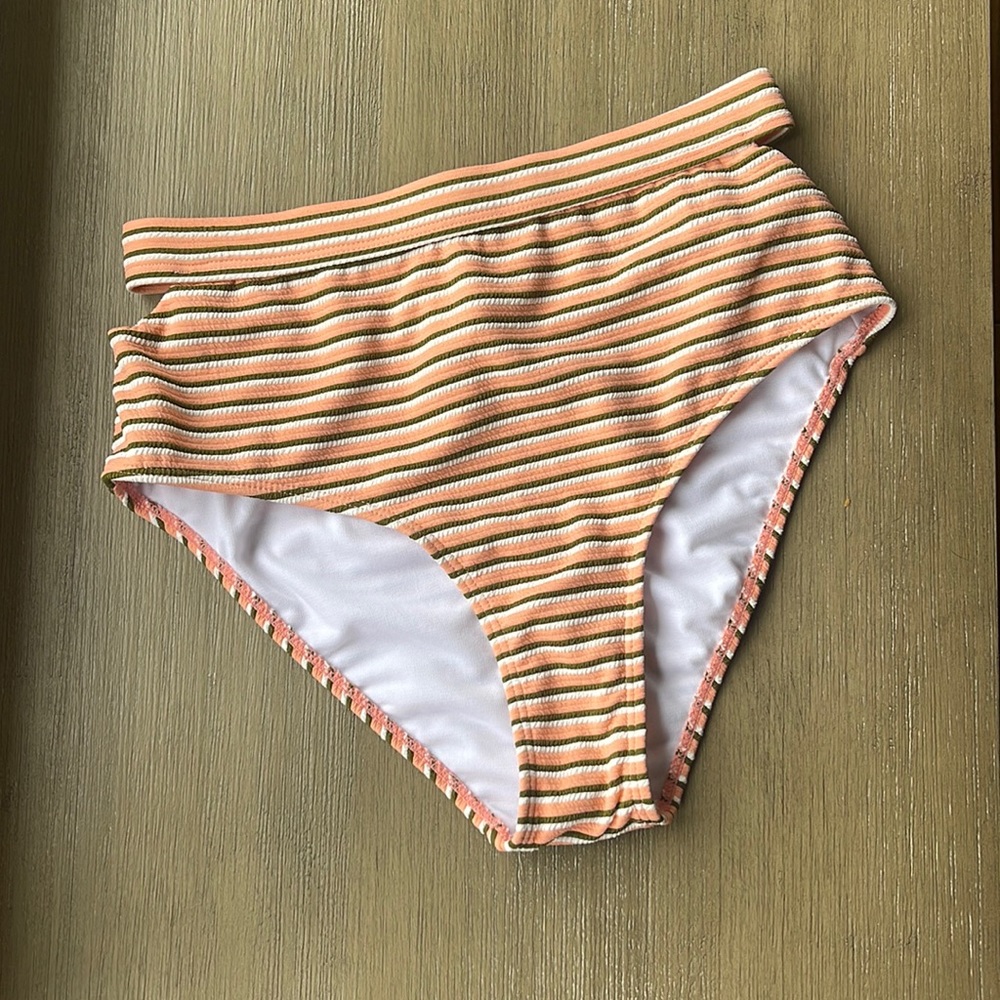 Cremieux Crepe Stripe Cut Out Hi-Waist Bikini Bottoms